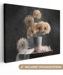 Lærredsmaleri - vægdekoration - blomsterfrø - mælkebøtte - vase - stilleben - buket