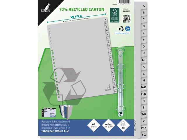 Tabblad ECO Kangaro A4 letters 180gr grijs karton 23r 20dlg FSC EB