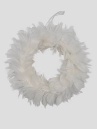 A white feather wreath, approximately 25 cm in diameter, suitable for seasonal home decor.