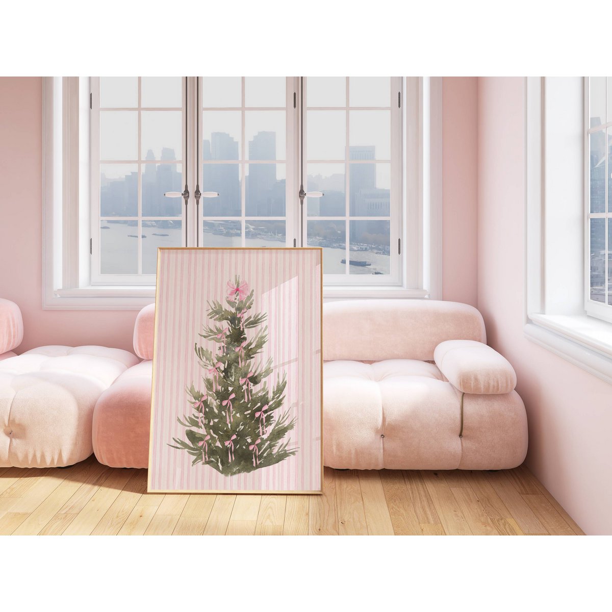 Plakat juletræ med lyserøde bånd, lyserød juleplakat, juletræplakat, lyserød buer udskrivning, lyserød juledekor