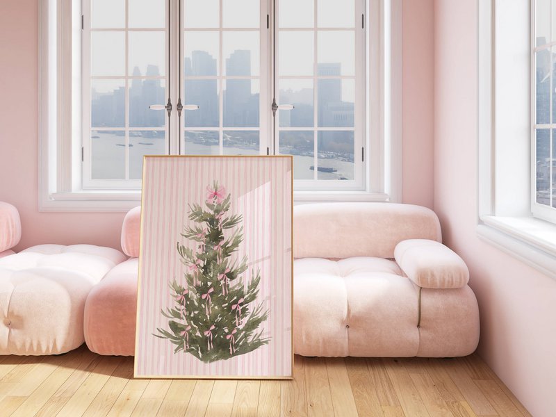 Plakat juletræ med lyserøde bånd, lyserød juleplakat, juletræplakat, lyserød buer udskrivning, lyserød juledekor