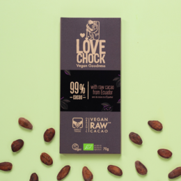 99% organic vegan raw chocolate bar with 99% cacao content. Dark chocolate with rich, intense flavor.