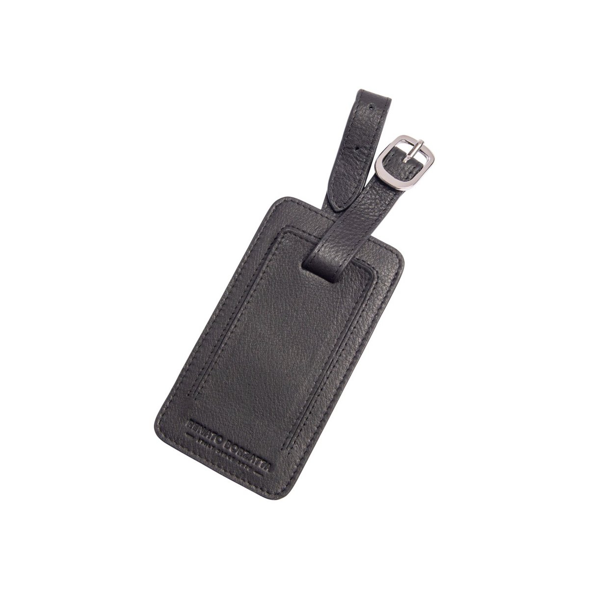 RB0054A | Gepäckanhänger aus echtem Vollnarbenleder mit leichter Narbung. Schwarze Farbe. Verstellbarer Riemen. Abmessungen: 6,5 x 12 x 0,5 cm
