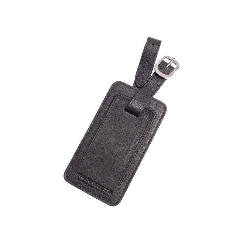 RB0054A | Gepäckanhänger aus echtem Vollnarbenleder mit leichter Narbung. Schwarze Farbe. Verstellbarer Riemen. Abmessungen: 6,5 x 12 x 0,5 cm