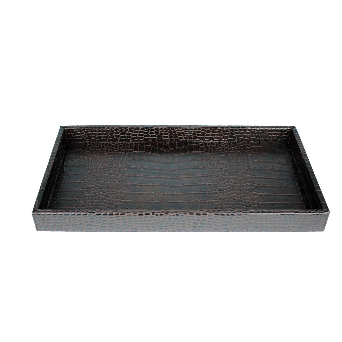 Servir le plateau rectangulaire en cuir synthétique kroko brun foncé