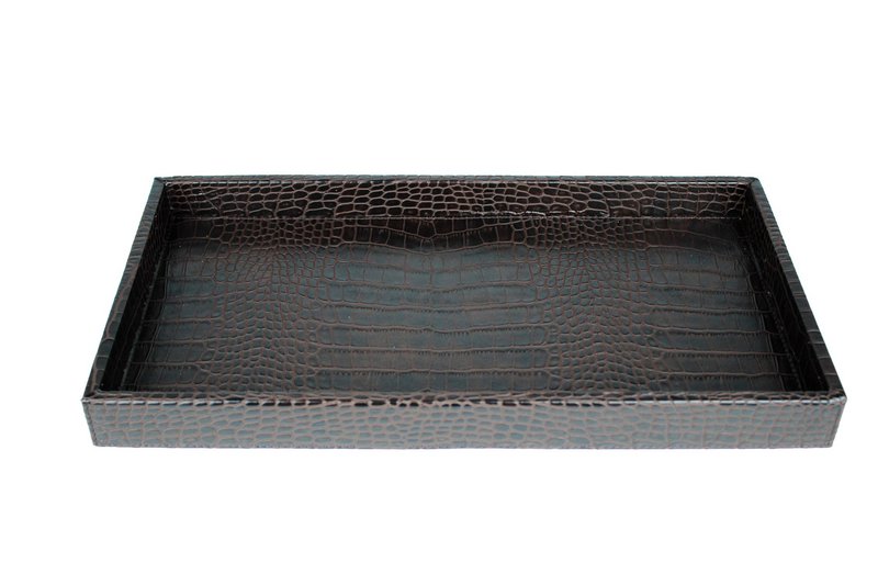 Servir le plateau rectangulaire en cuir synthétique kroko brun foncé