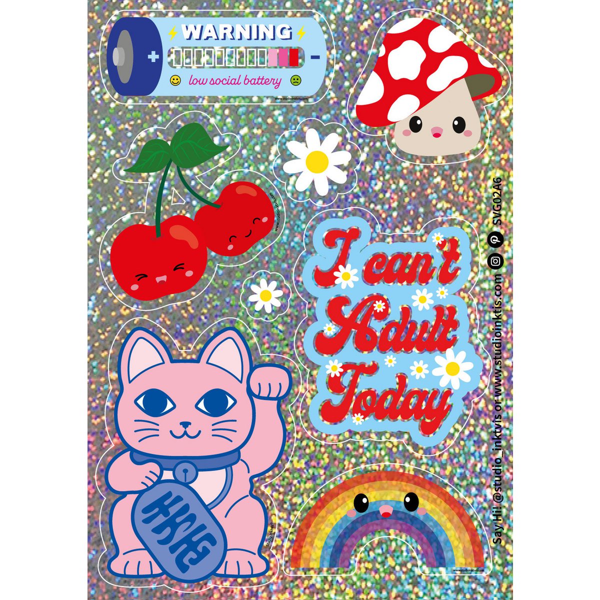 Feuille d'autocollants pailletés Maneki Neko, fleurs et plus