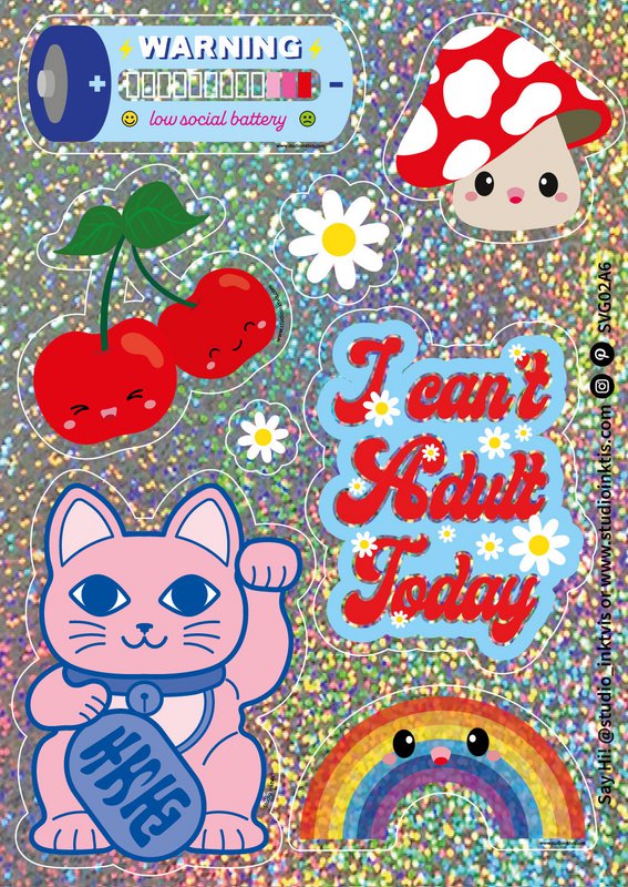 Feuille d'autocollants pailletés Maneki Neko, fleurs et plus