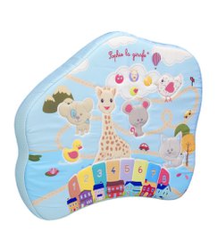 Soft, plush Sophie the Giraffe-themed musical toy with colorful characters and shapes. Features a variety of textures and sounds to engage young children.