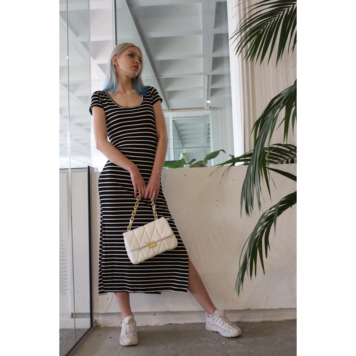Dress in black and white striped cotton