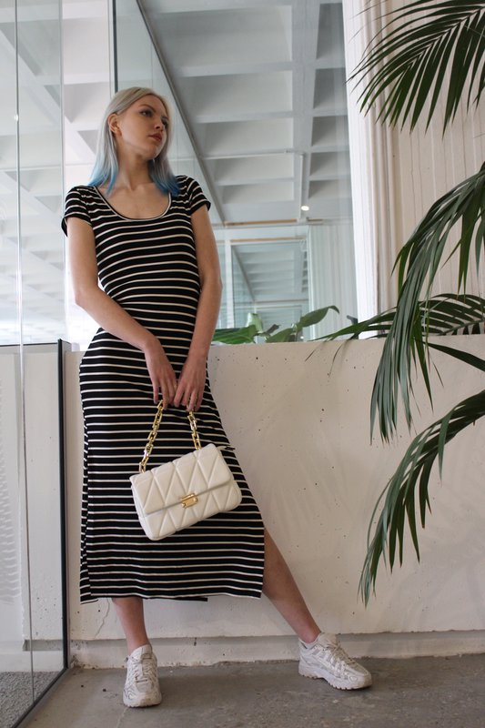 Dress in black and white striped cotton