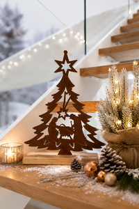 Tree nativity scene made of patina in a Corten steel look on spruce wood