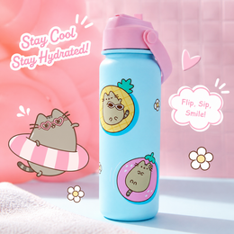 Blue water bottle with pink cap, Pusheen cat design, cute cartoon graphics, round character illustrations, kawaii style.
