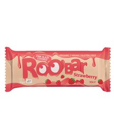 Strawberry-flavored organic chocolate bar with a pink glaze coating.