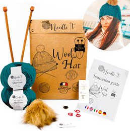 "A complete knitting kit for a wool hat, including needles, yarn, and instructions. The kit is suitable for both children and adults, and the yarn is made of French wool in a green color."
The product is a NEEDLE IT® Complete Hat Knitting Kit, which includes everything needed to knit a wool hat. The kit contains needles, balls of yarn, and detailed instructions. The yarn is made of French wool and is in a green color. The kit is suitable for both children and adults to create their own knitted hat.