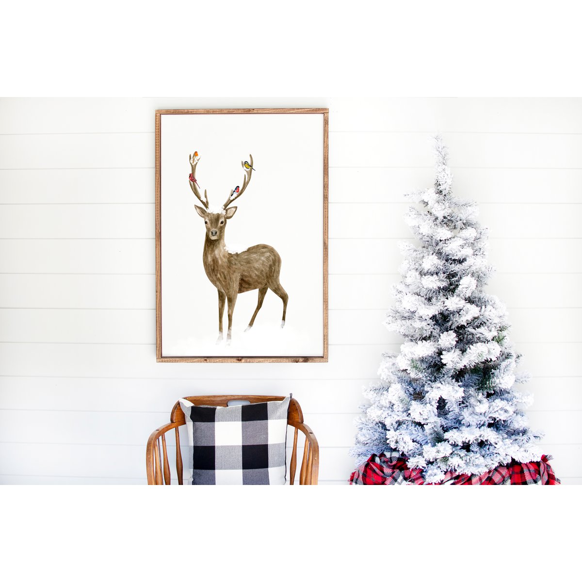 Deer and birds poster, botanical Christmas poster, deer poster, Christmas print, reindeer Christmas decor, Christmas poster