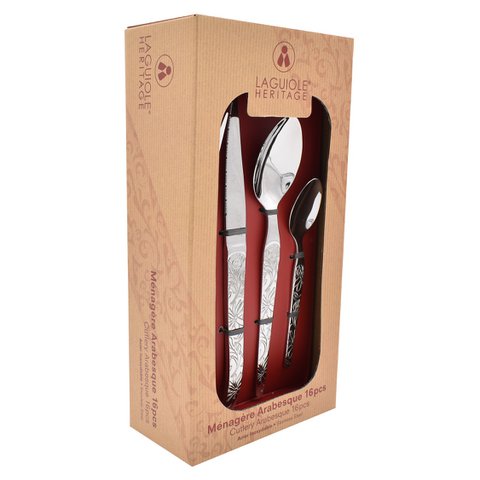 Laguiole HERITAGE Cutlery set 24 pieces engraved metal - Venetian style - shiny and satin stainless steel - Chic baroque style - Cutlery for lunch or dinner