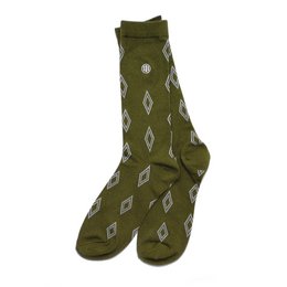 Olive green socks with diamond pattern design.