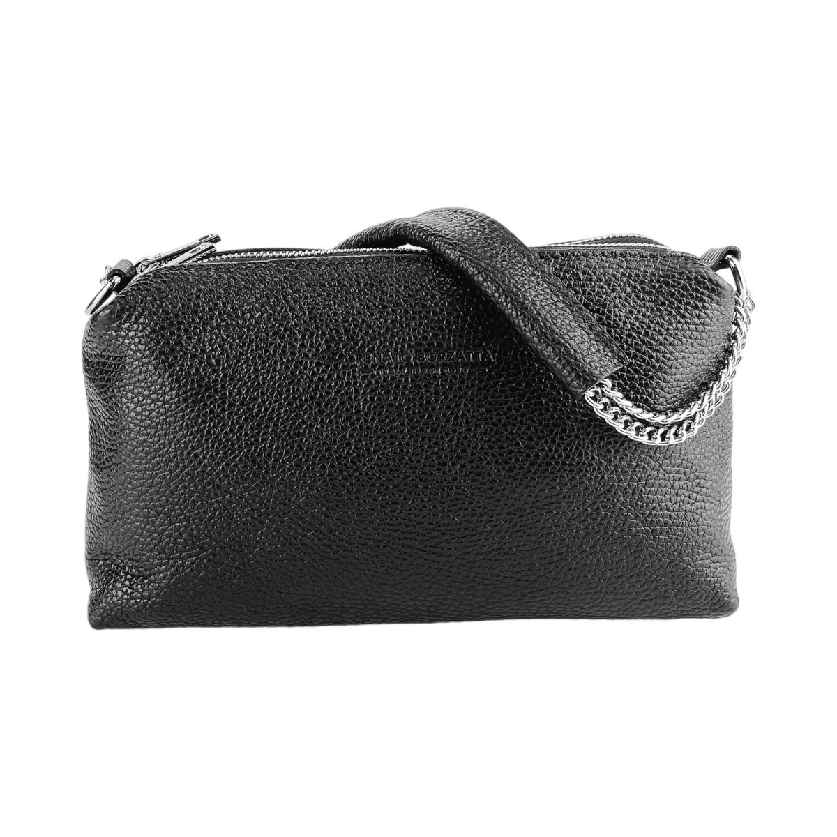 RB1025A | Damehåndtaske med dobbelt lynlås i ægte læder Fremstillet i Italien. Justerbar læder skulderrem. Poleret nikkel tilbehør - Sort farve - Mål: 26 x 14 x 9 cm