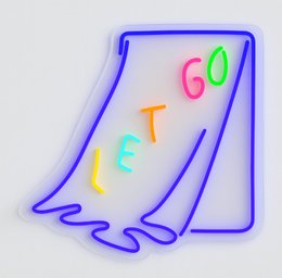  Colorful neon wall light with the text "Let go" in a playful, abstract design. The light fixture has a unique, modern shape and vibrant colors that would add a fun, whimsical touch to any room.