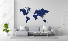 Large ultramarine world map wall art in 3 sizes, suitable for home or office decor.