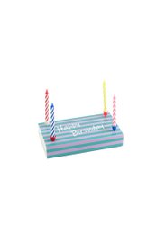 Blue striped birthday matches with colorful candles, festive party decoration accessory.