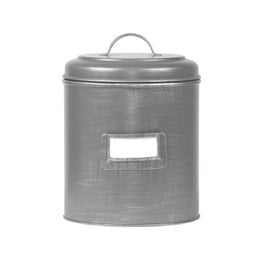 Antique gray metal storage tin, cylindrical shape, large XL size, vintage industrial style container with handle and label plate.