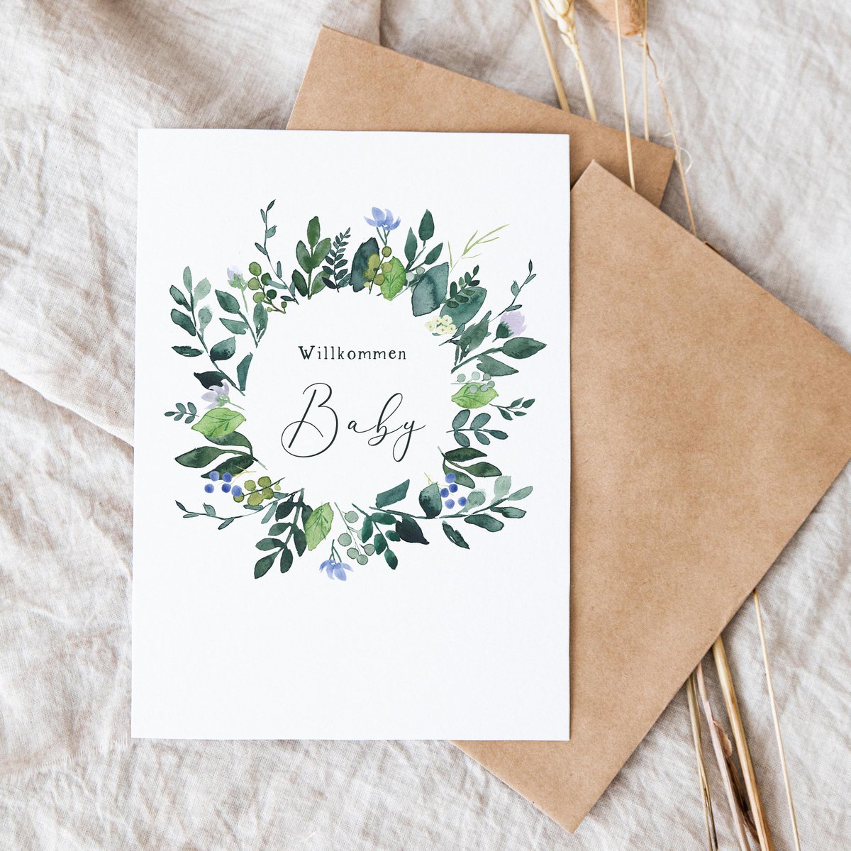 Folded card "Wreath of Leaves Welcome Baby" | birth