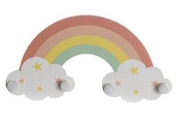 Multicolored wooden coat rack with rainbow and cloud design, suitable for wall mounting.