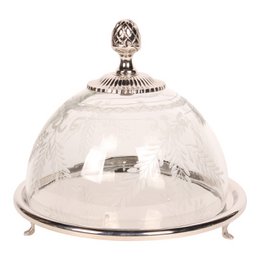  Round glass cake stand with silver metal base and dome lid, elegant ornamental finial, 23cm diameter