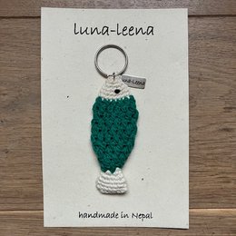 Luna-Leena keychain fish - bag charm - green - organic cotton - hand crocheted in Nepal - bag hanger
