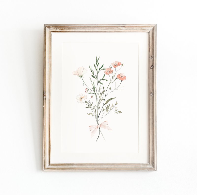 Errötende Frühlingsblumen mit Bug, rosa Wildblumenplakat, Wildblumen -Bouquet -Druck, Blumendruck, botanisches Plakat, Blumenplakat, Blumendruck, Wildblumenplakat, Blumen -Kindergarten -Plakat, Pfirsichblumen