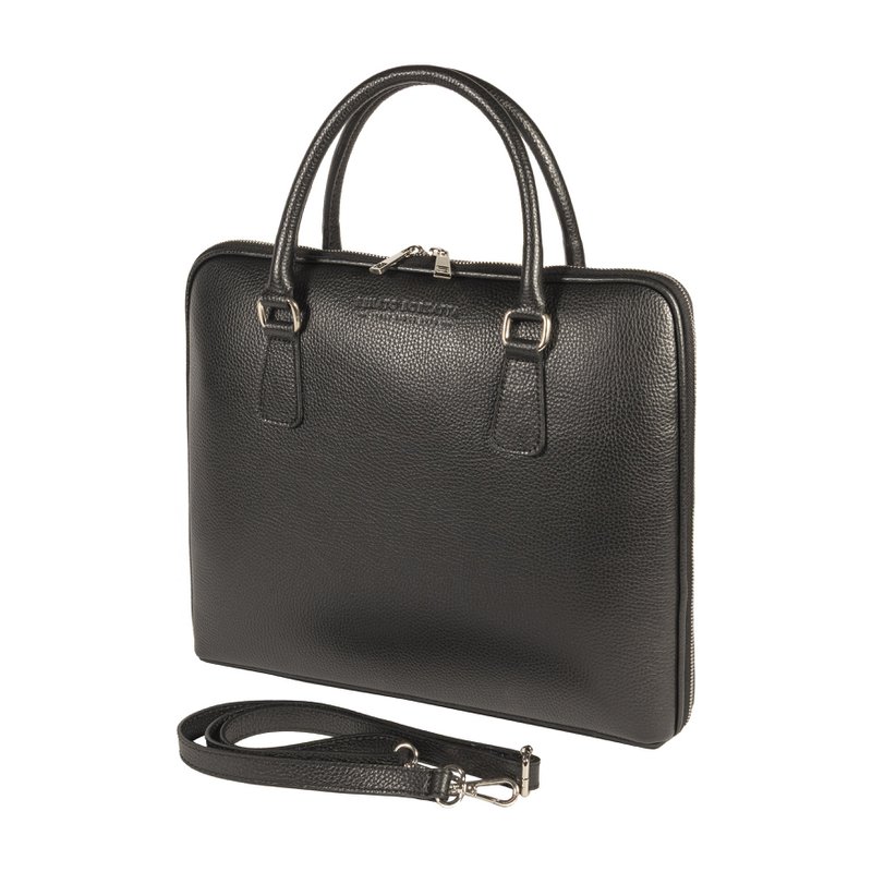 RB1019A | Maletín de negocios unisex en piel auténtica Made in Italy con bandolera extraíble. Fijaciones con mosquetones de metal níquel brillante - Color negro - Dimensiones: 37 x 29 x 6,5 cm