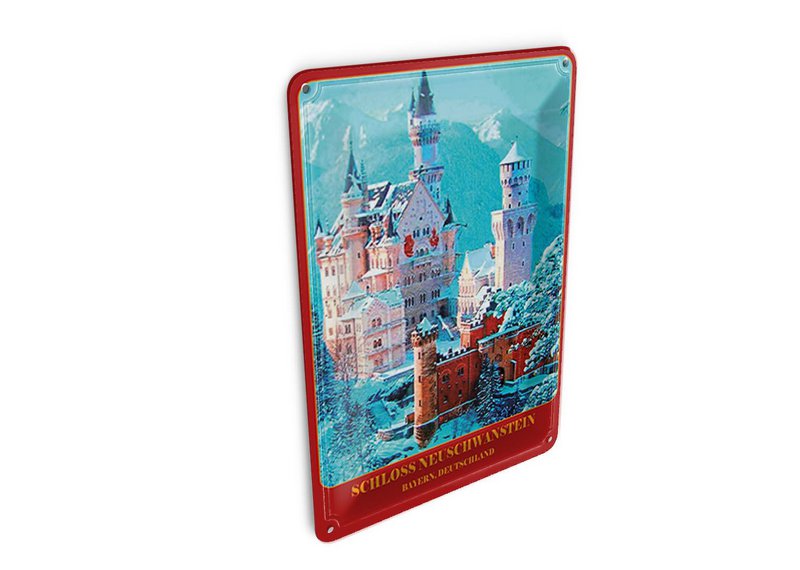Pocztówka blaszana podróżna 10x14 cm Zamek Neuschwanstein, Bawaria, Niemcy, znak