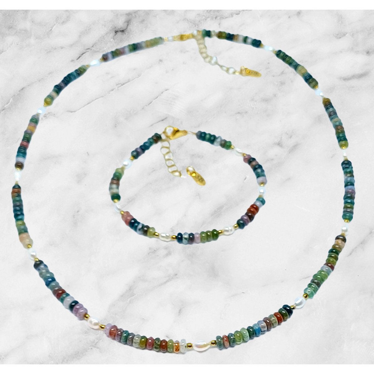 Necklace gemstone roundel with freshwater pearls