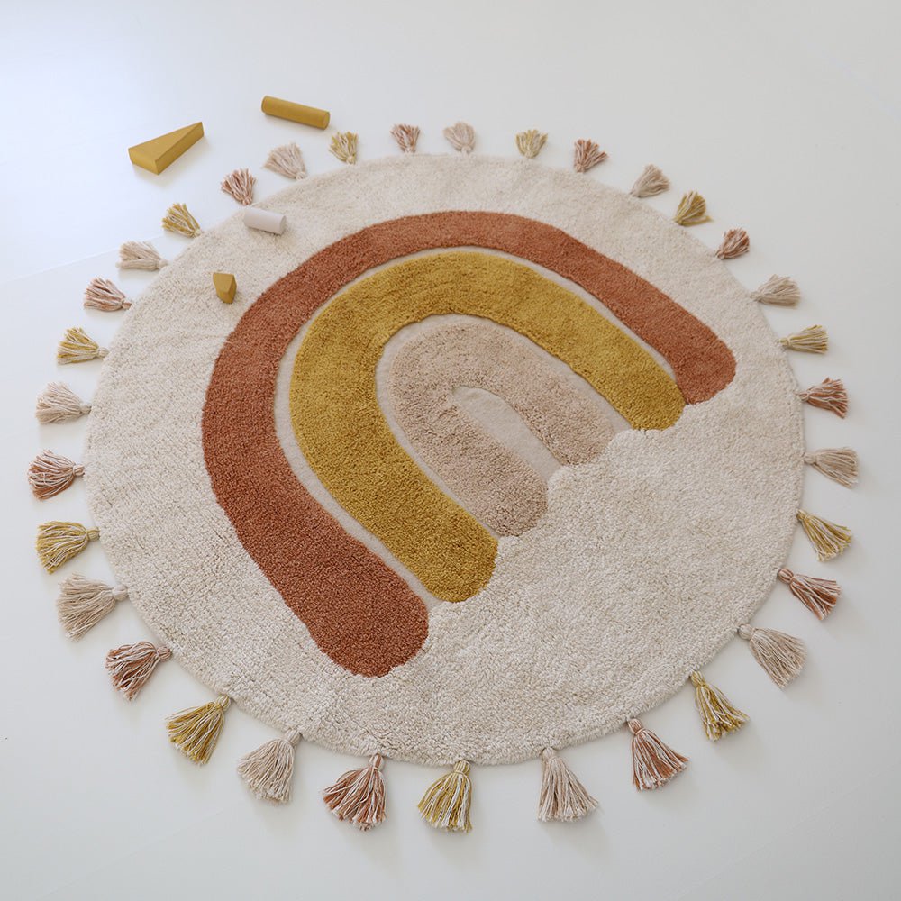 Rainbow washable cotton children's rug with RAINBOW TOFFEE pompoms
