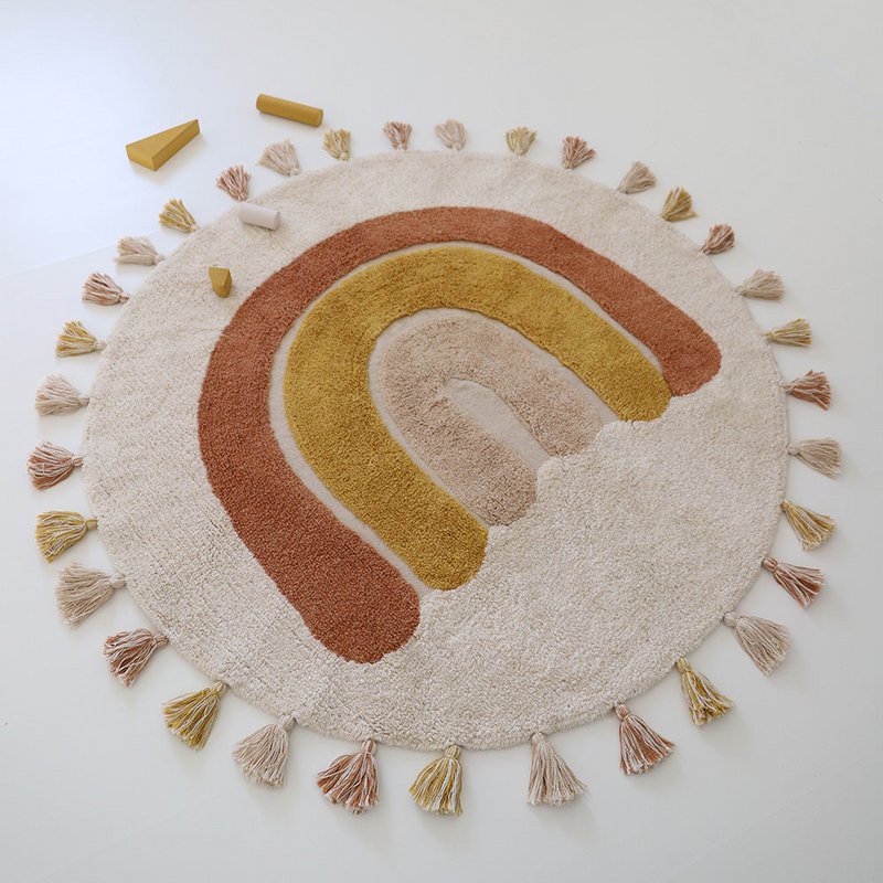 Rainbow washable cotton children's rug with RAINBOW TOFFEE pompoms