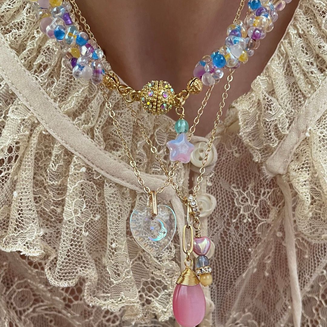 Vintage heart pendant necklace gold plated chain, moon detail pendant crystal
