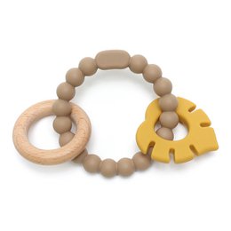 Soft & Hard | Leaf RATTLE Wood & Silicone Teether | Khaki & Ochre