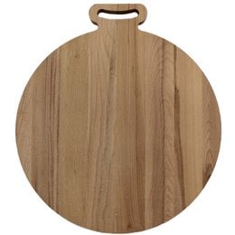 Circular wooden cutting board with a handle, made of light-colored wood with a natural grain pattern.