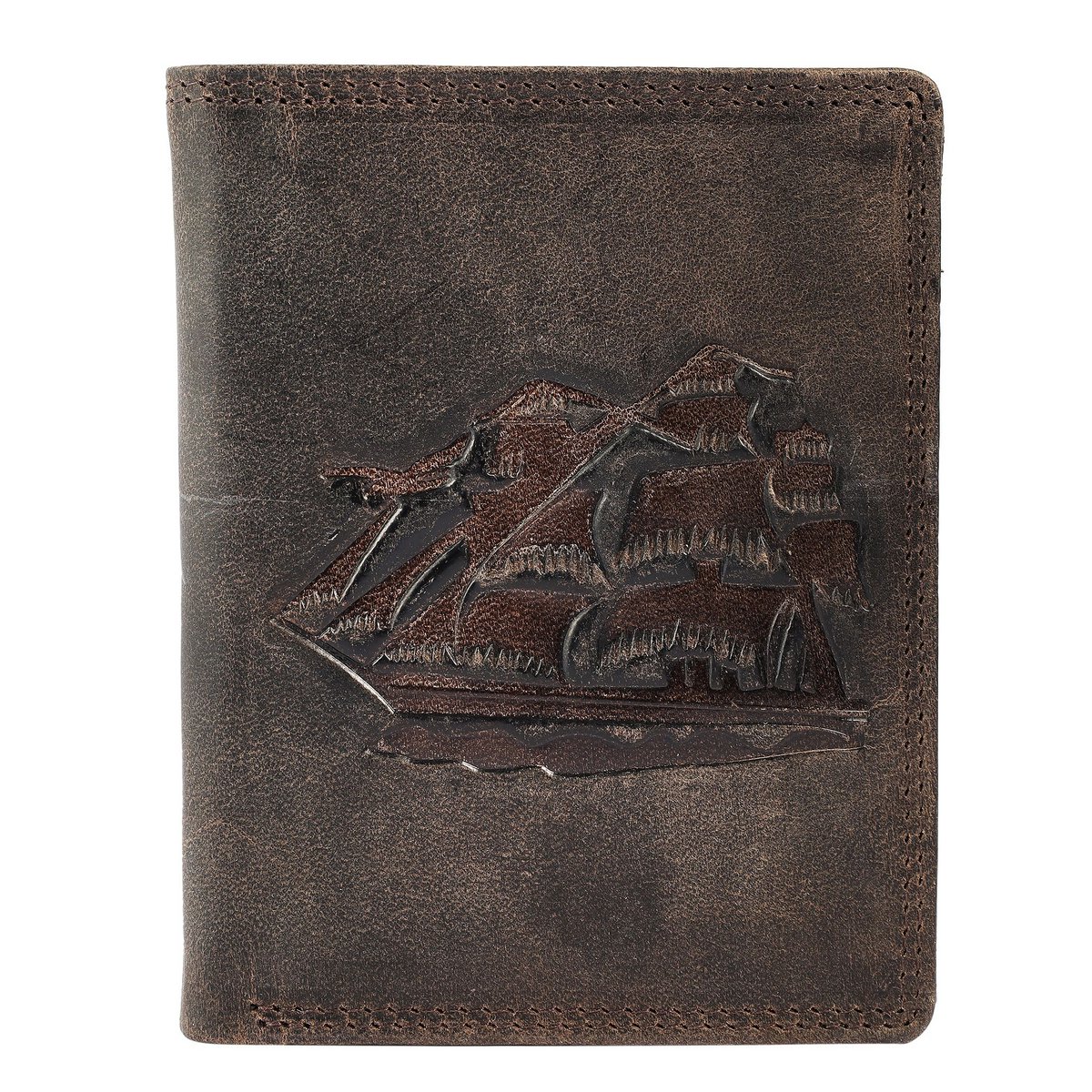 Cartera decorativa de piel auténtica (cuero Hunter), RFID, formato vertical, "velero", marrón