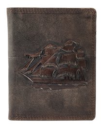 Cartera decorativa de piel auténtica (cuero Hunter), RFID, formato vertical, "velero", marrón