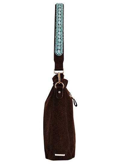 SAC BOHO IBIZA - Bandoulière aigue-marine (70cm) + Sac en daim (Cacao)