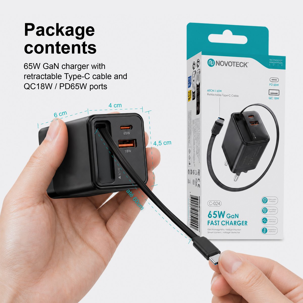 Cargador GaN de 65W con cable USB-C retráctil – NOVOTECK C-024