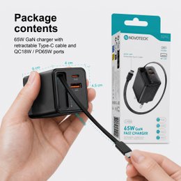 Cargador GaN de 65W con cable USB-C retráctil – NOVOTECK C-024