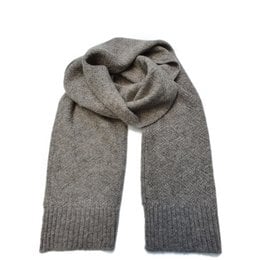 A cozy, gray knitted scarf with a soft, textured appearance. The scarf has a simple, classic design that would complement a variety of casual outfits.