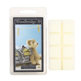 Scented wax melt in clean linen fragrance, rectangular shape, light blue color.