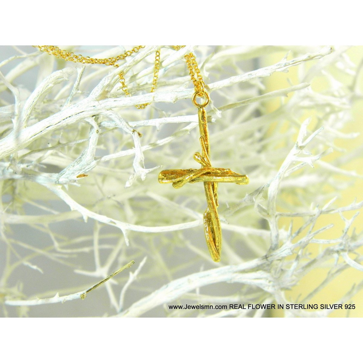 Gold Cross Necklace, Handmade Nature Jewelry, Organic Branch Pendant, Gift for Faith & Protection, Sterling Silver 925 Twig