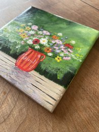 Ramo de campo en florero rojo | Azulejo pintado a mano