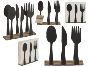Black metal tissue holder, cutlery, with wooden